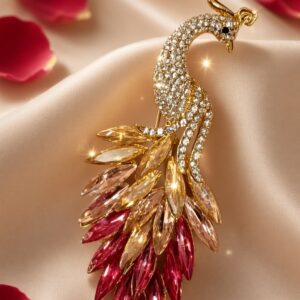 Sunset Gradient Marquise Peacock Champagne Bird Of Paradise Statement Brooch-Gold Finish
