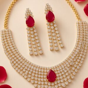 The Royal Crimson Teardrop Diamond-Style And Ruby Bridal Choker Set-Gold Finish