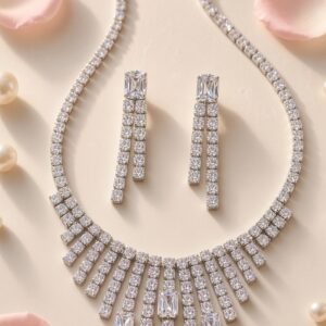 Majestic Art Deco Emerald-Cut And Tennis Strand Necklace Set-Platinum Finish