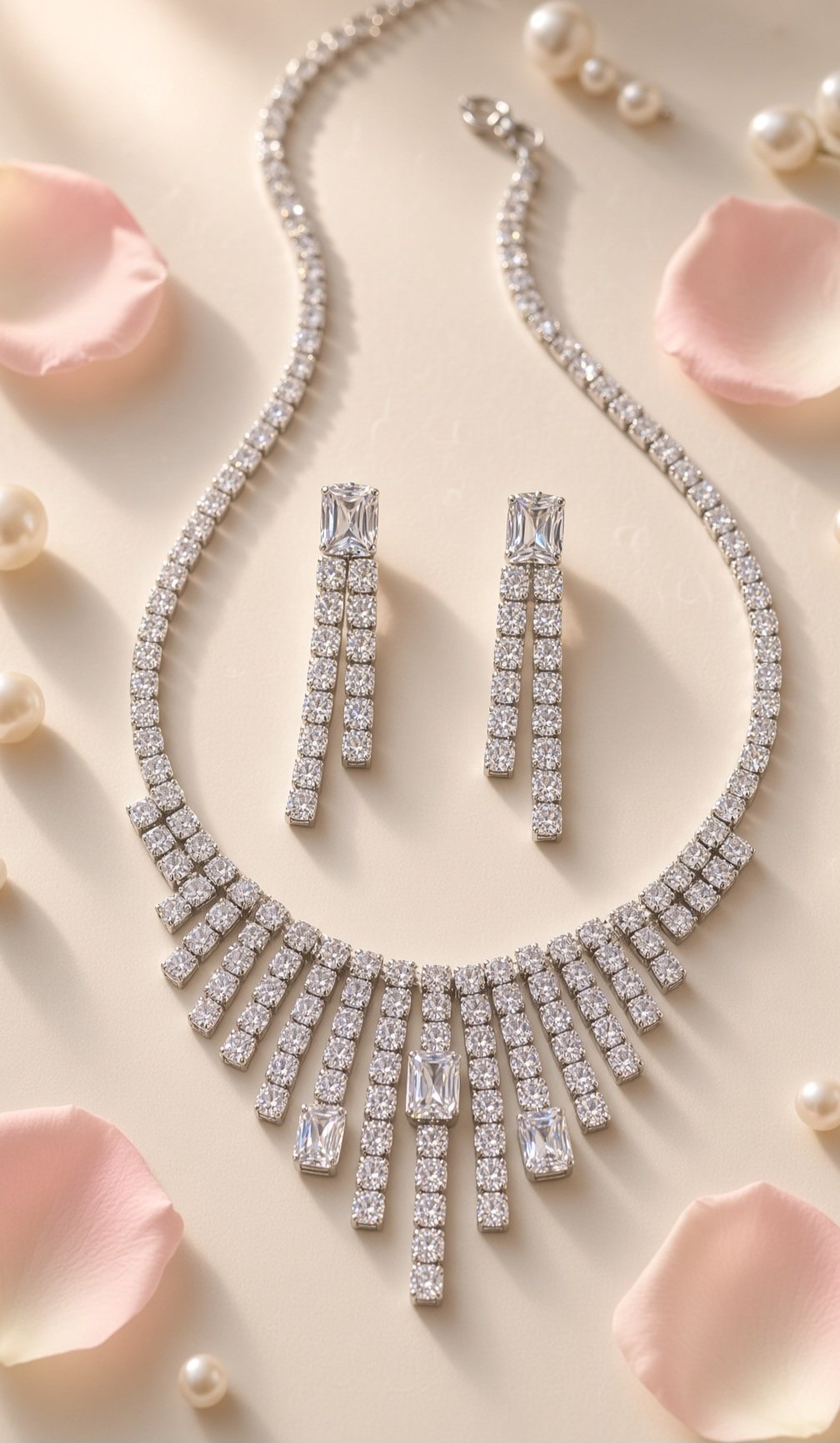 Majestic Art Deco Emerald-Cut And Tennis Strand Necklace Set-Platinum Finish