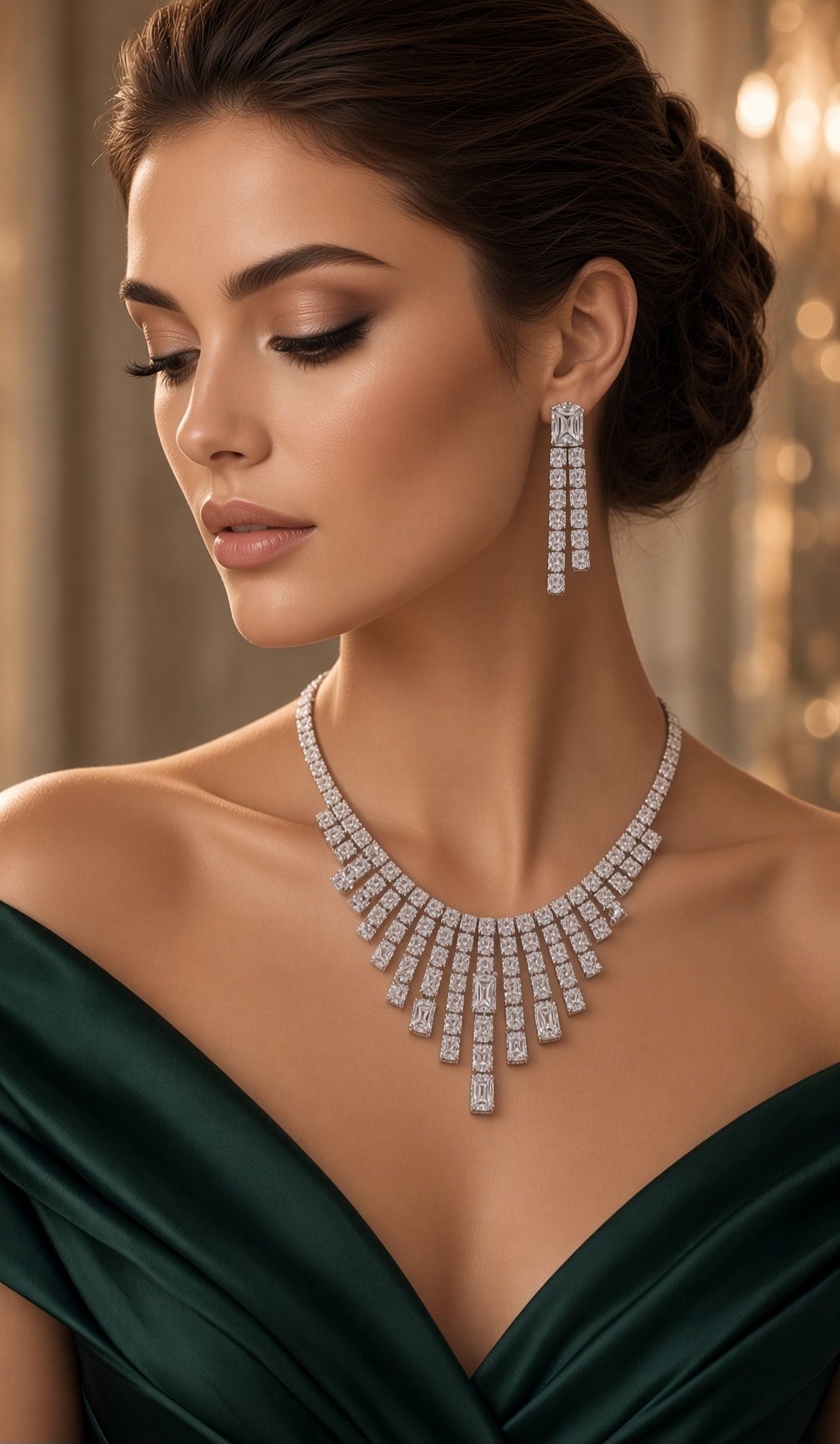 Majestic Art Deco Emerald-Cut And Tennis Strand Necklace Set-Platinum Finish - Image 2
