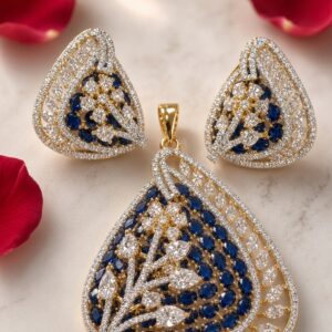 Imperial Blue Shield Cz Pendant Leaf Pendant Set-Gold Finish