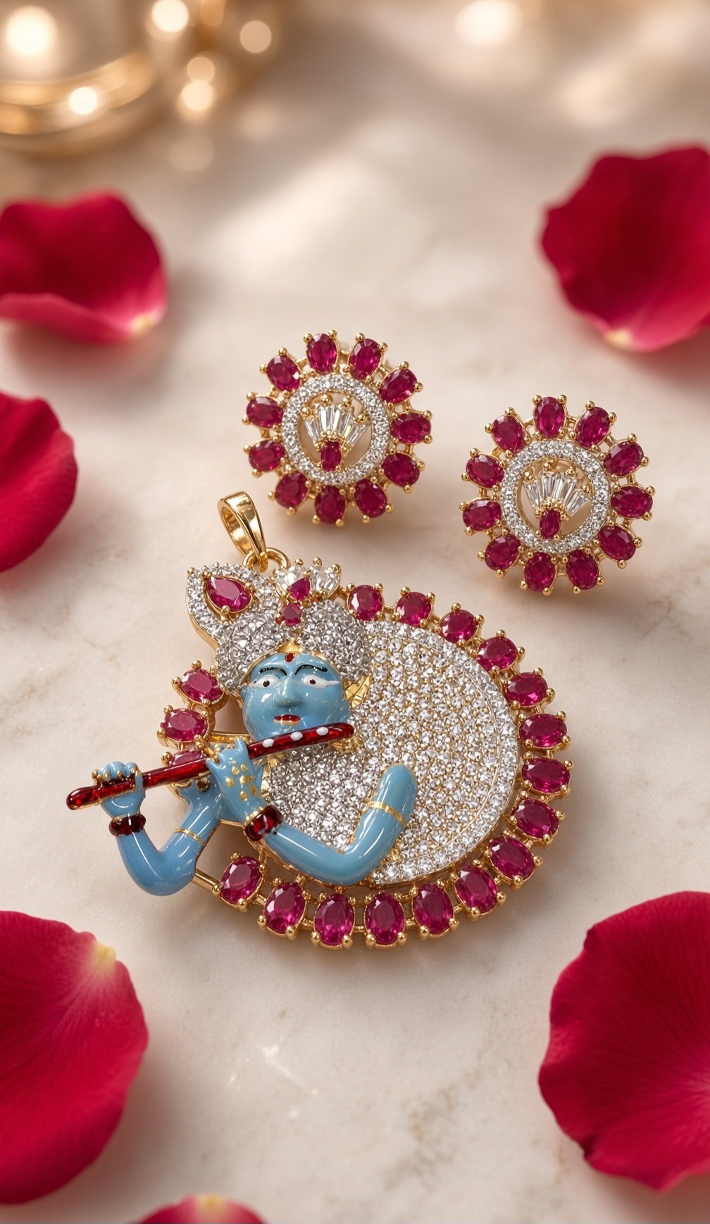 Sovereign Vrindavan Krishna Flute Pendant Set-Gold Finish
