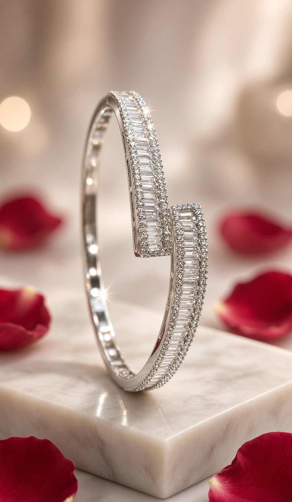 The Astral White Gold Baguette And Pavè Diamond-Style Kada Bracelet-Platinum Finish