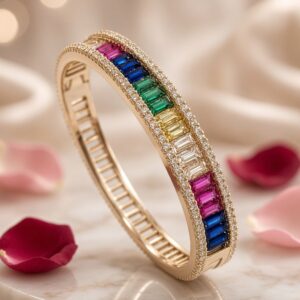The Prism Halo Rainbow Sapphire Baguette Kada Bracelet-Gold Finish