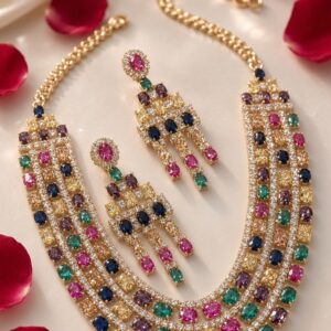 Regal Mosaic Oval Multi-Gemstone Rainbow Bridal Choker Set-Gold Finish