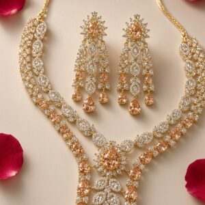 Champagne Aura Cascade Bridal Two-Tone Chandelier Set-Gold Finish